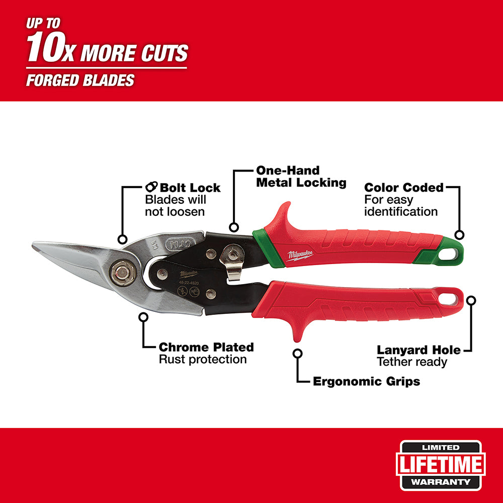 Red and black aviation snips with chrome-plated blades, ergonomic handles, and one-hand metal locking mechanism.