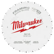 White circular saw blade with 24 teeth, Milwaukee branding, and specifications printed on surface.