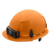 Orange hard hat with black front brim, ratcheting suspension system, and side attachment slots.