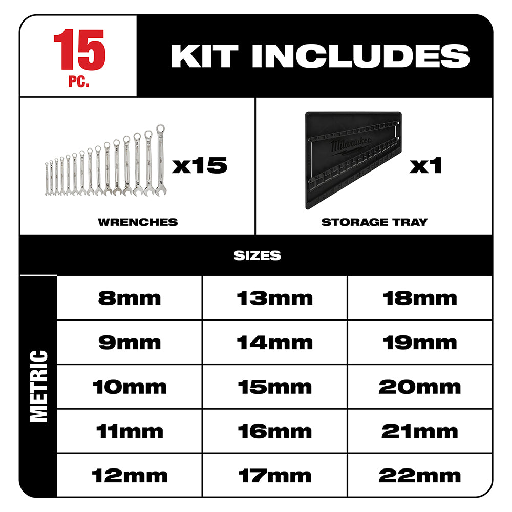 Fifteen metric combination wrenches in sizes 8mm to 22mm displayed with black storage tray.