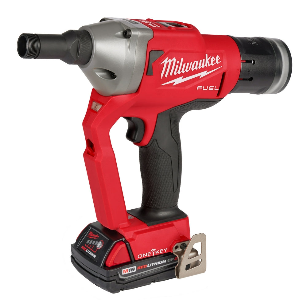 Red and silver Milwaukee M18 FUEL cordless lockbolt tool with black grip and ONE-KEY battery pack attached.