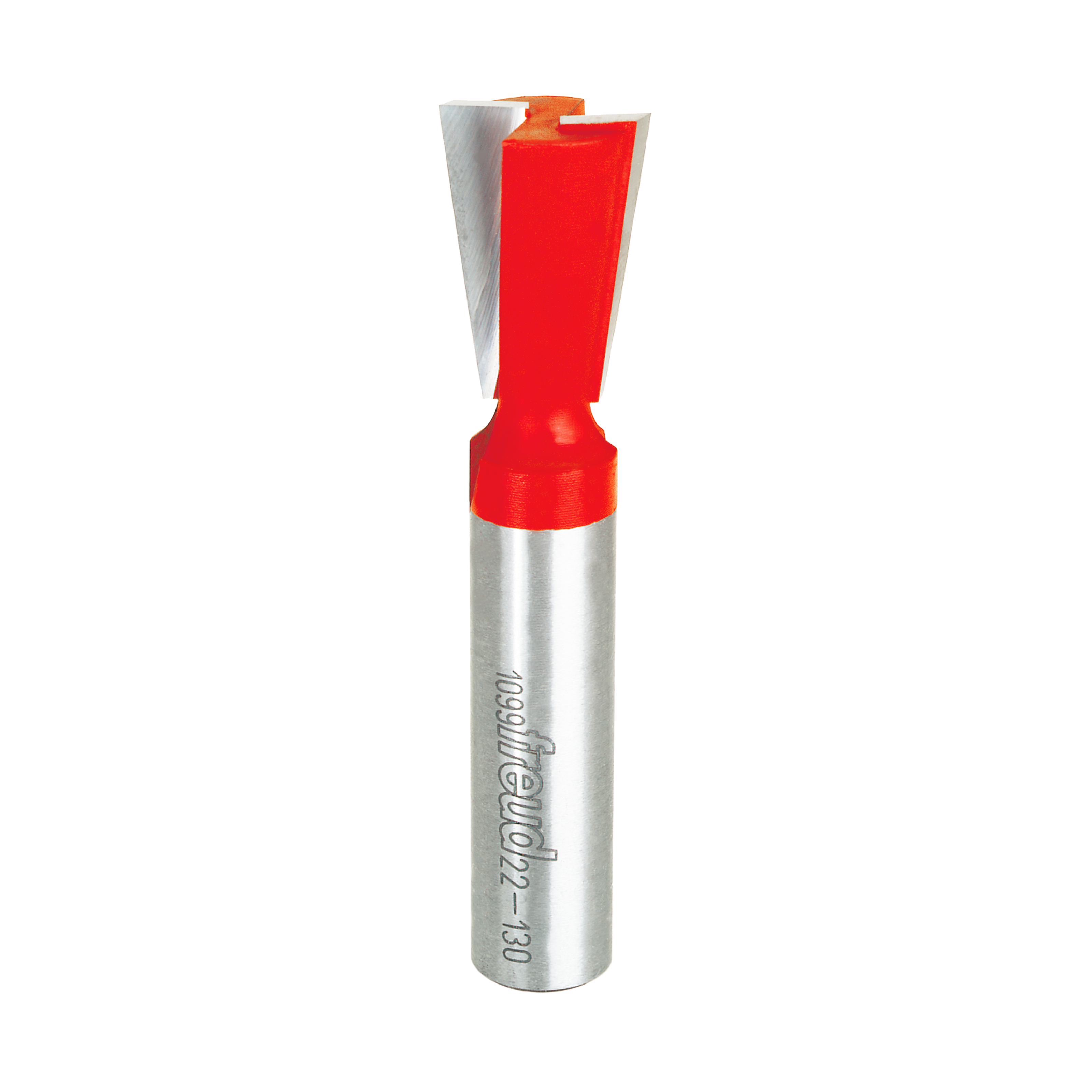 Freud 11/16" dovetail bit with red plastic cutting head and silver metal shank.