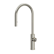 Polished nickel pull-down kitchen faucet with curved C-spout and single lever handle.