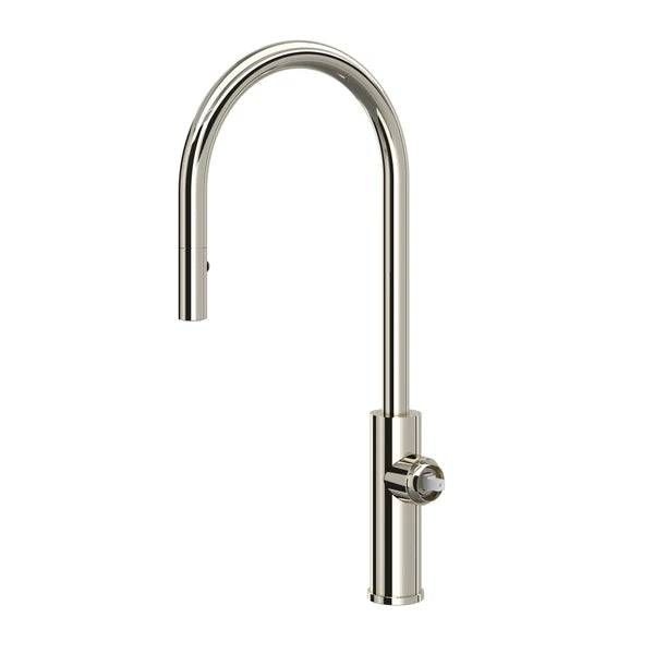 Polished nickel pull-down kitchen faucet with curved C-spout and single lever handle.
