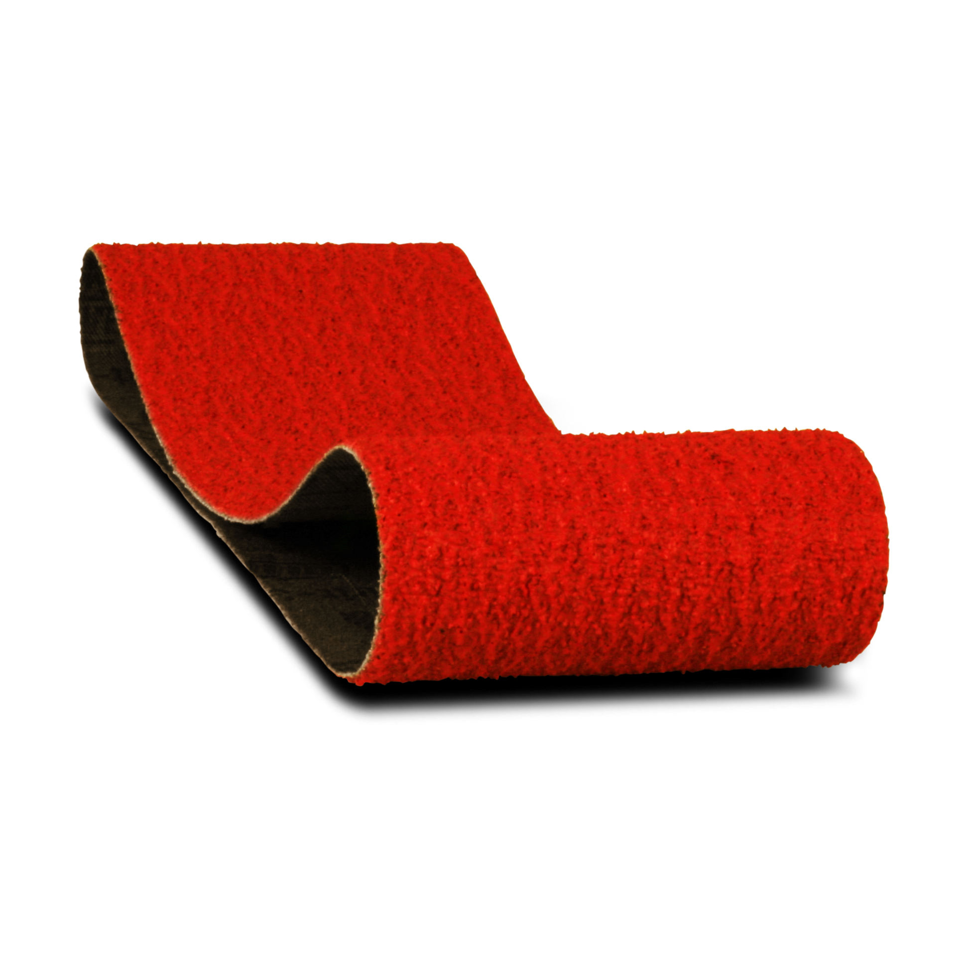 Red sanding belt with black backing, cylindrical and flat sections shown.