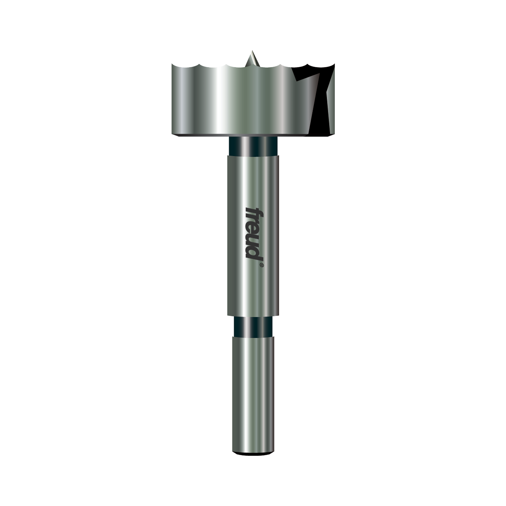 Freud PB-010 Forstner bit with cylindrical shank and flat cutting head with center point.
