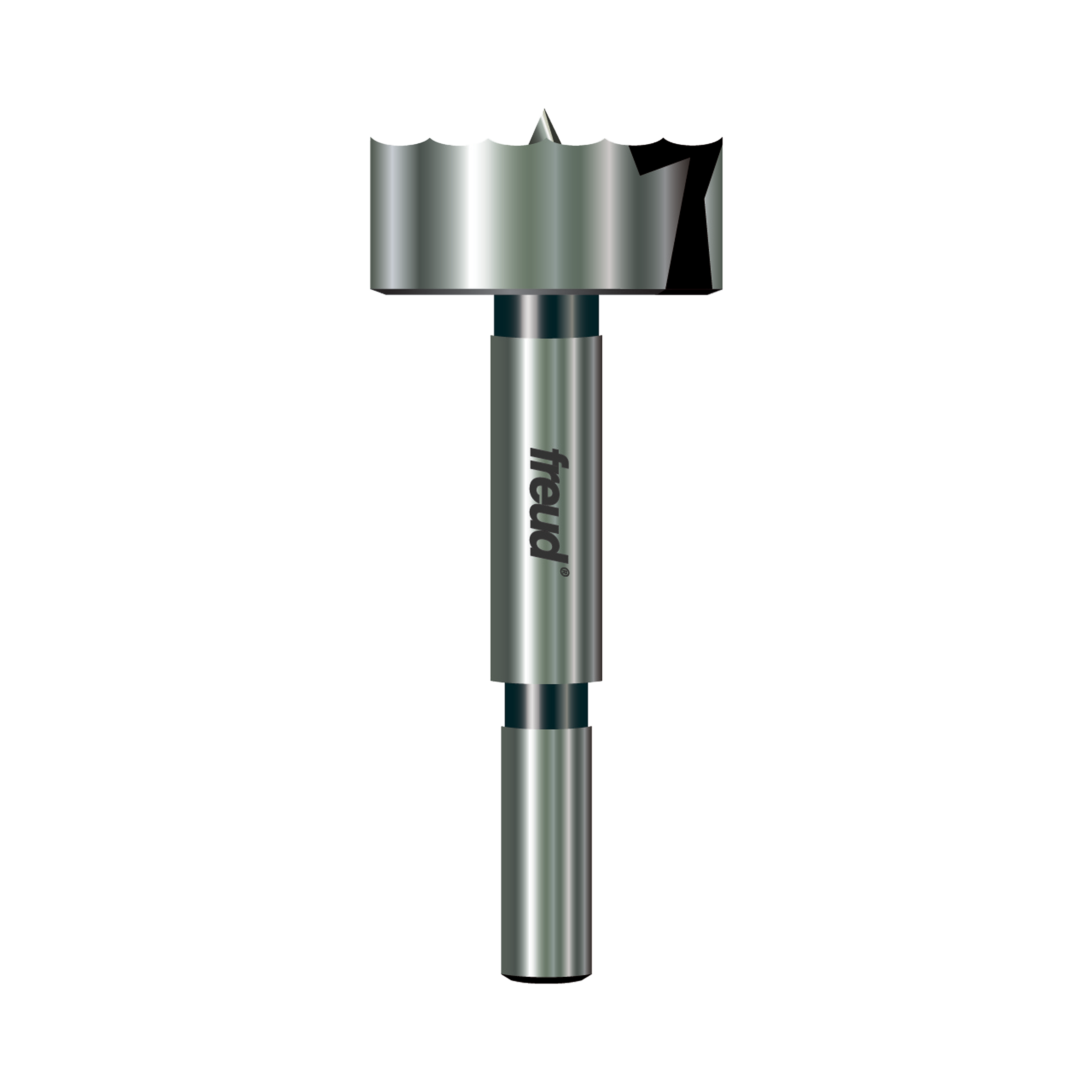 Freud PB-010 Forstner bit with cylindrical shank and flat cutting head with center point.