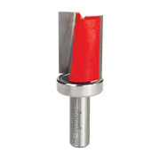 Router bit with red plastic trim guide, gray cutting edges, and metal shank marked "Freud."