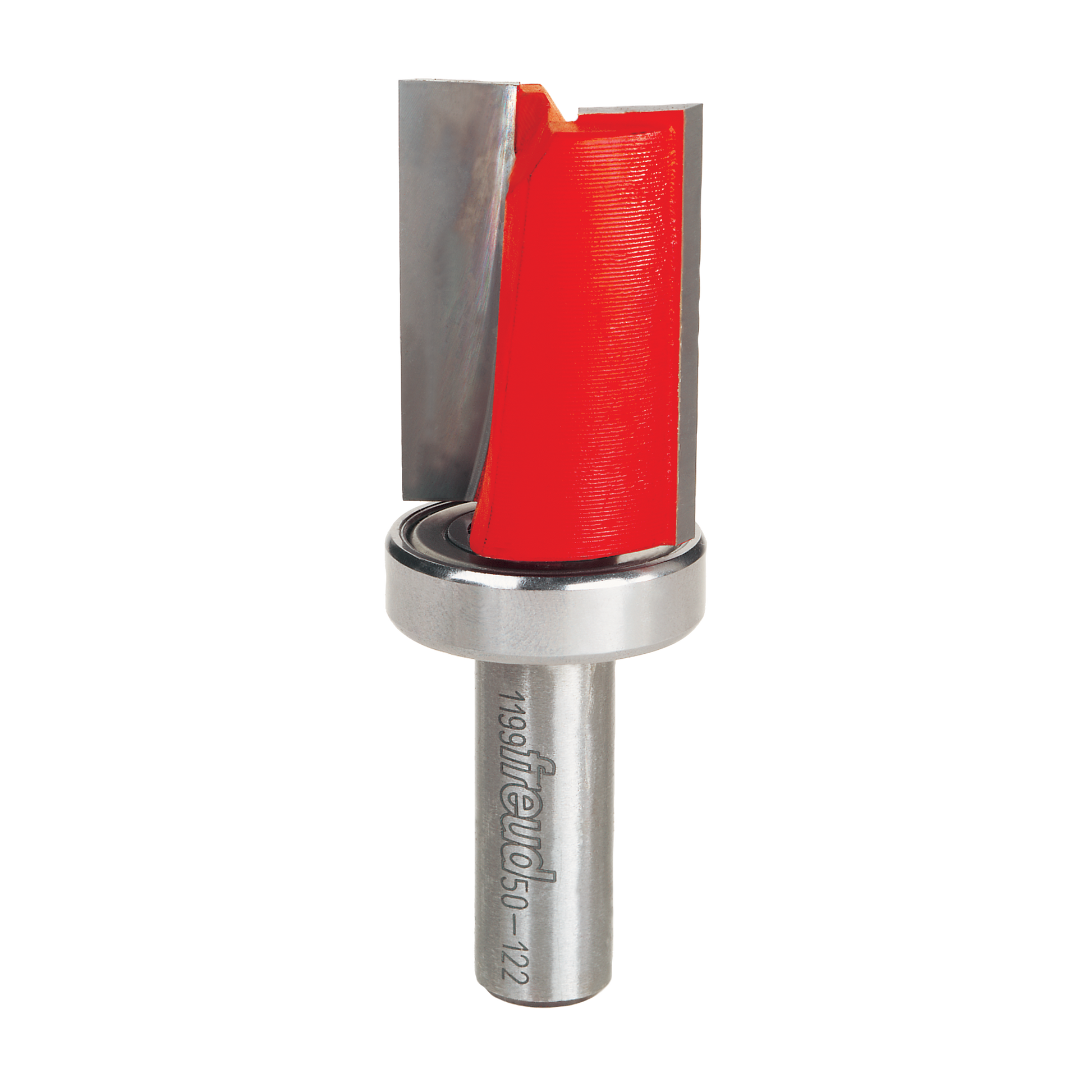 Router bit with red plastic trim guide, gray cutting edges, and metal shank marked "Freud."