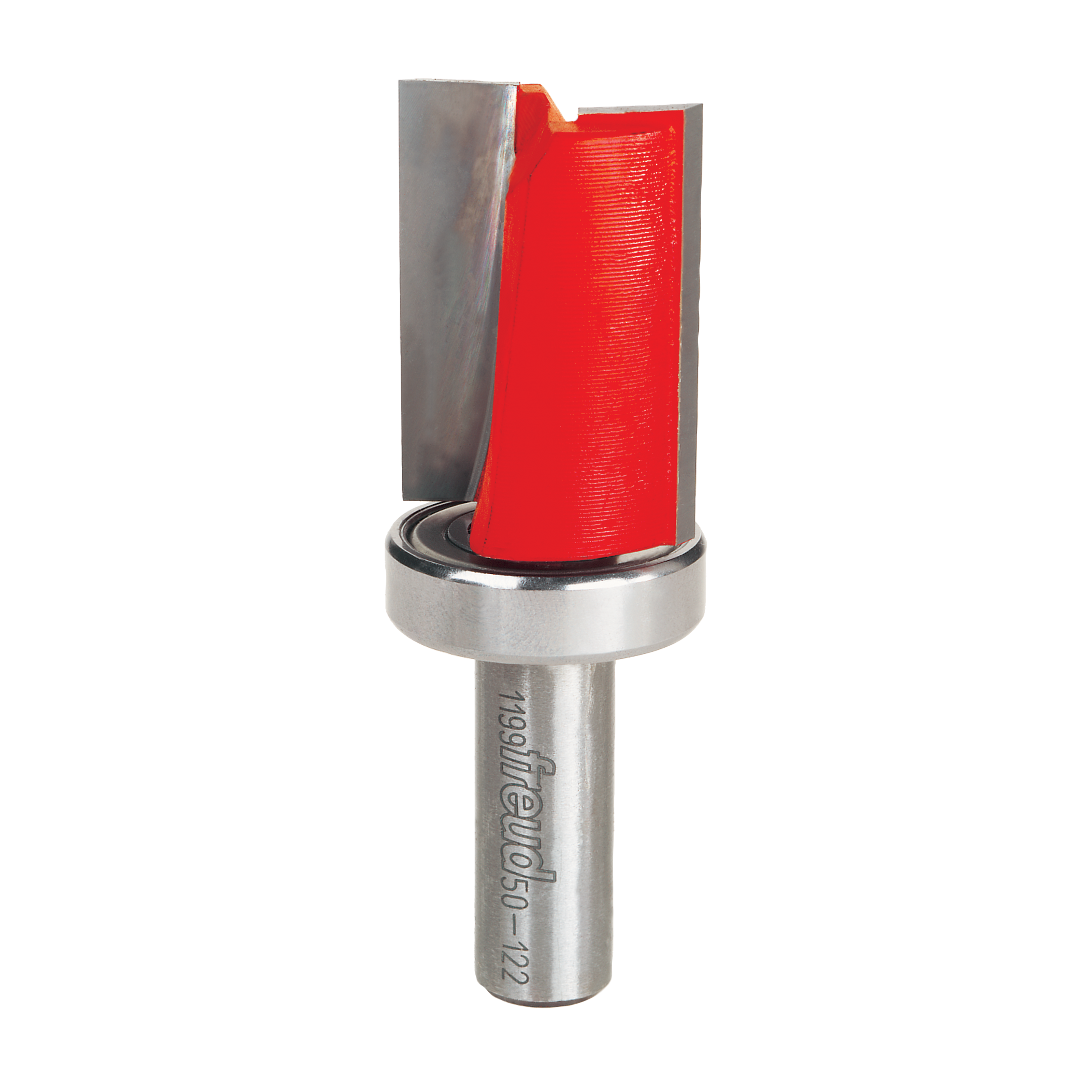 Router bit with red plastic trim guide, gray cutting edges, and metal shank marked "Freud."