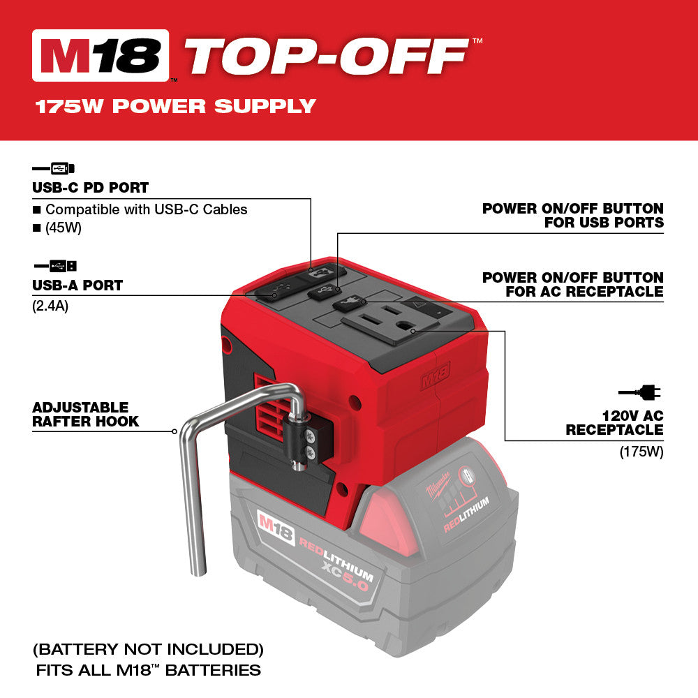 Red and black M18 TOP-OFF 175W power supply with USB-C port, USB-A port, AC receptacle, and adjustable rafter hook.