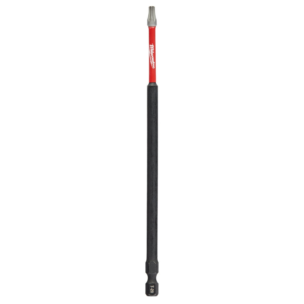Milwaukee Shockwave Torx T20 impact driver bit with red and black shaft and gray tip.
