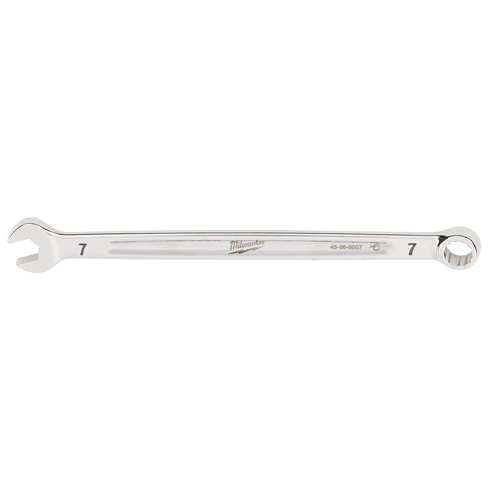 Silver 7mm combination wrench with open and closed ends, marked with Milwaukee branding and model number.