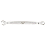 Silver 7mm combination wrench with open and closed ends, marked with Milwaukee branding and model number.