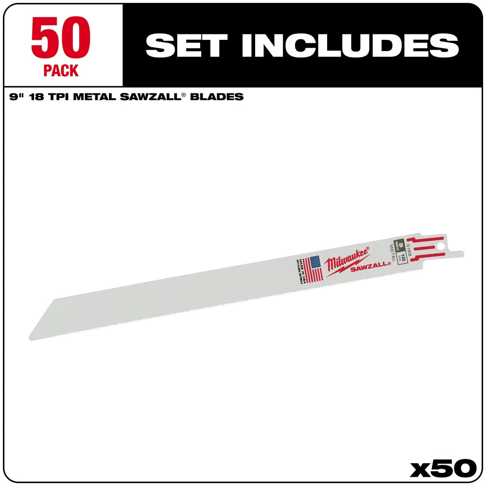 Milwaukee 9-inch 18 TPI thin kerf metal sawzall blade with red and white handle connector, shown at an angle.