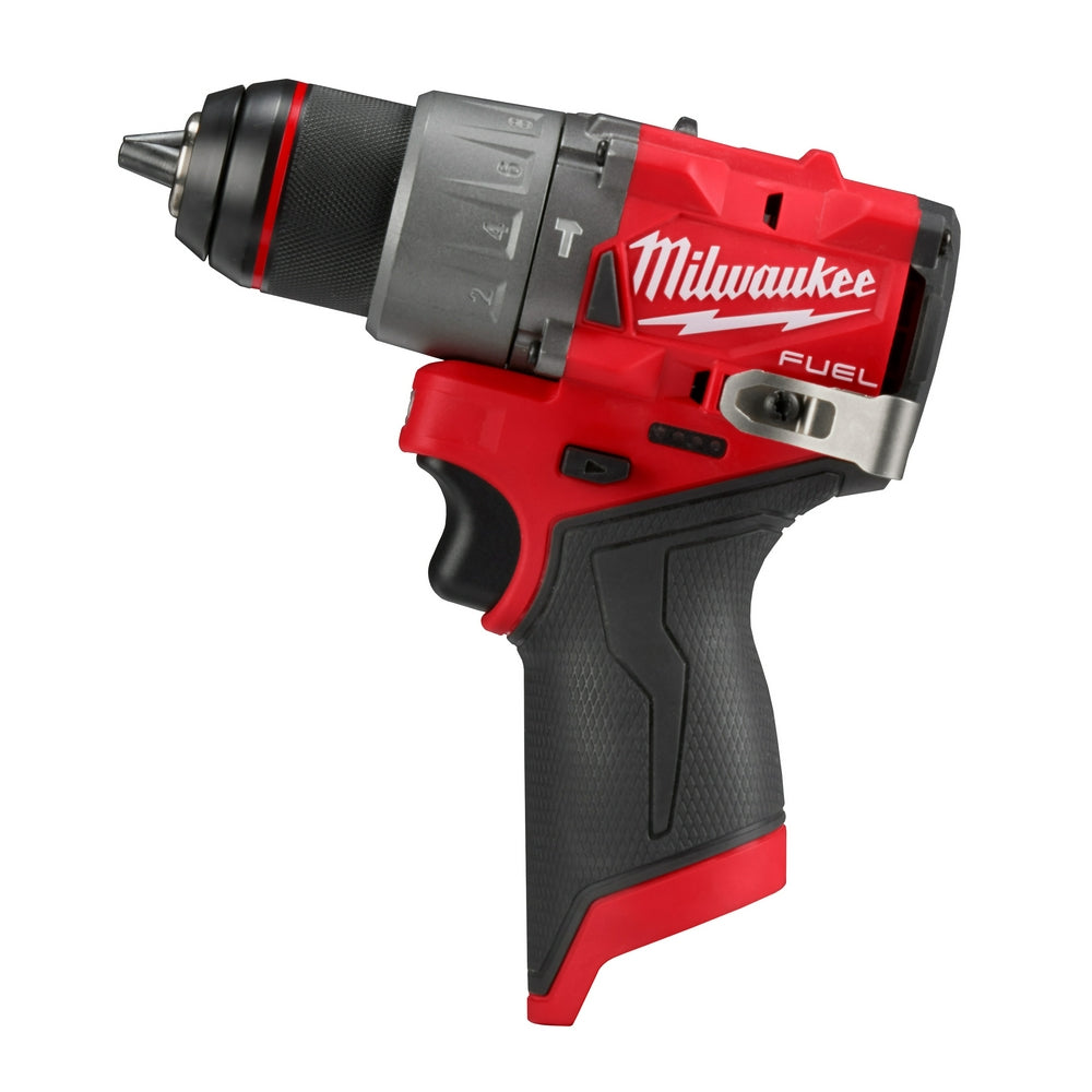 Milwaukee M12 FUEL 1/2" hammer drill/driver with red and black housing, chuck, and textured grip handle.