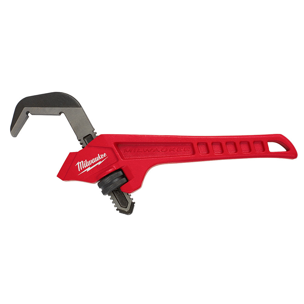 Red steel pipe wrench with black offset hex head and adjustment knob on white background.