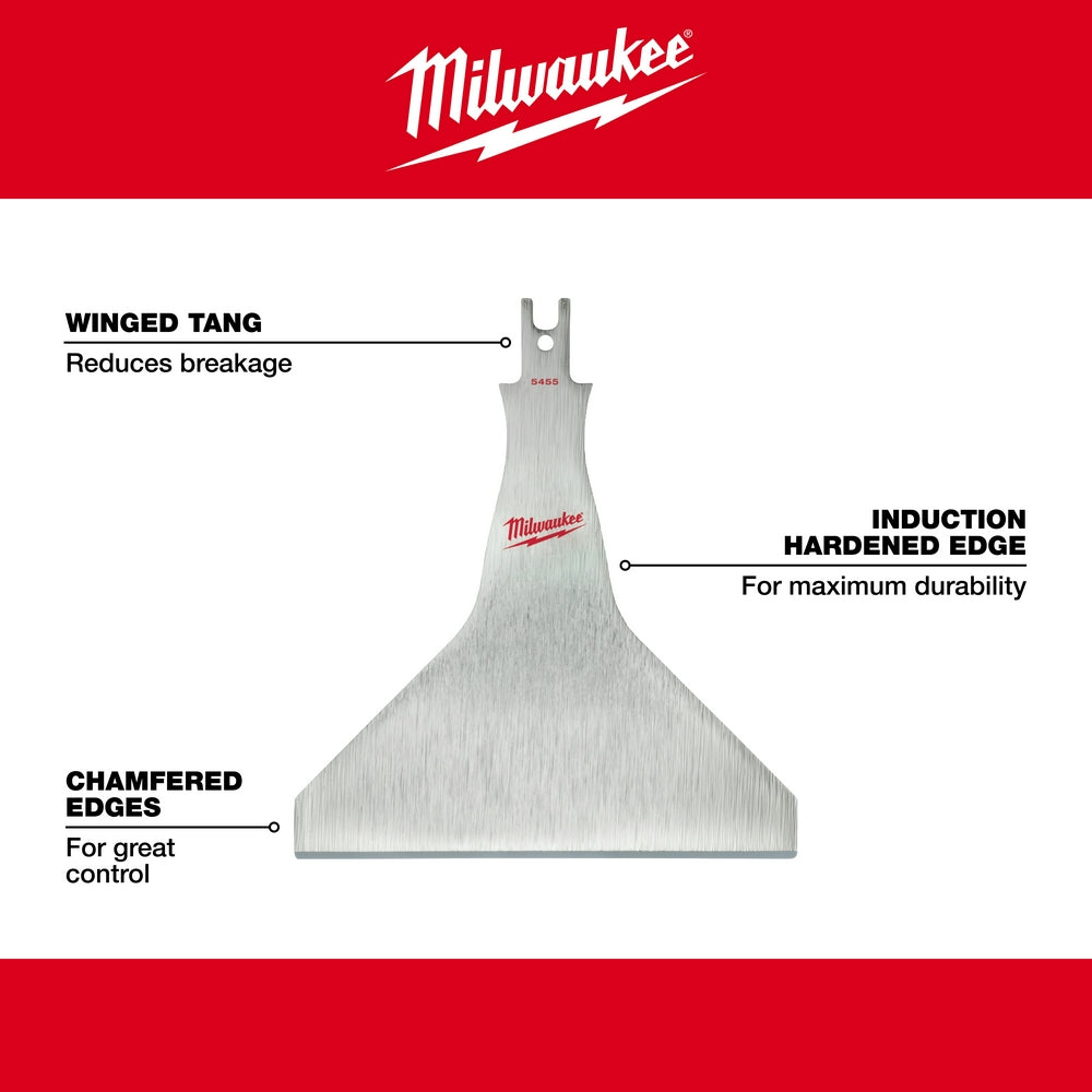 Milwaukee material removal tool with winged tang, induction hardened edge, and chamfered edges.