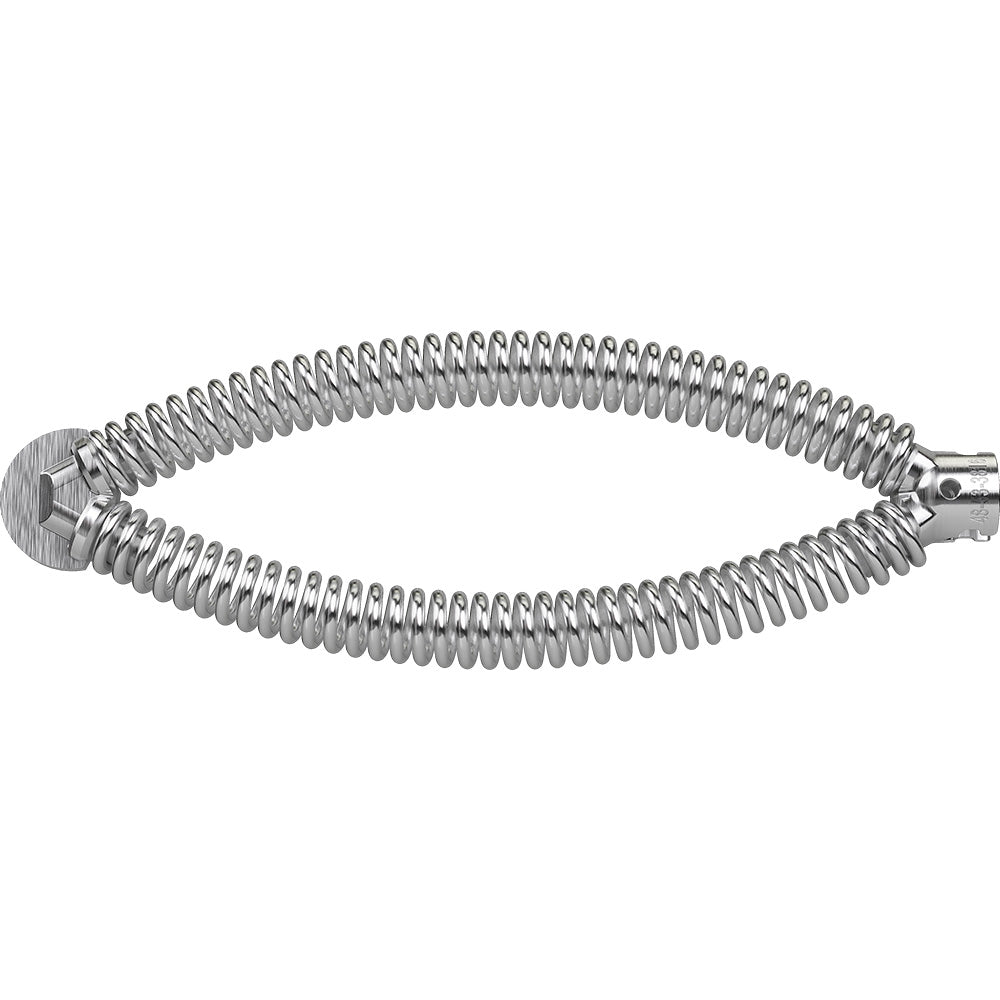 Coiled metal sectional cable with flat handle head on left end and connector fitting on right end.