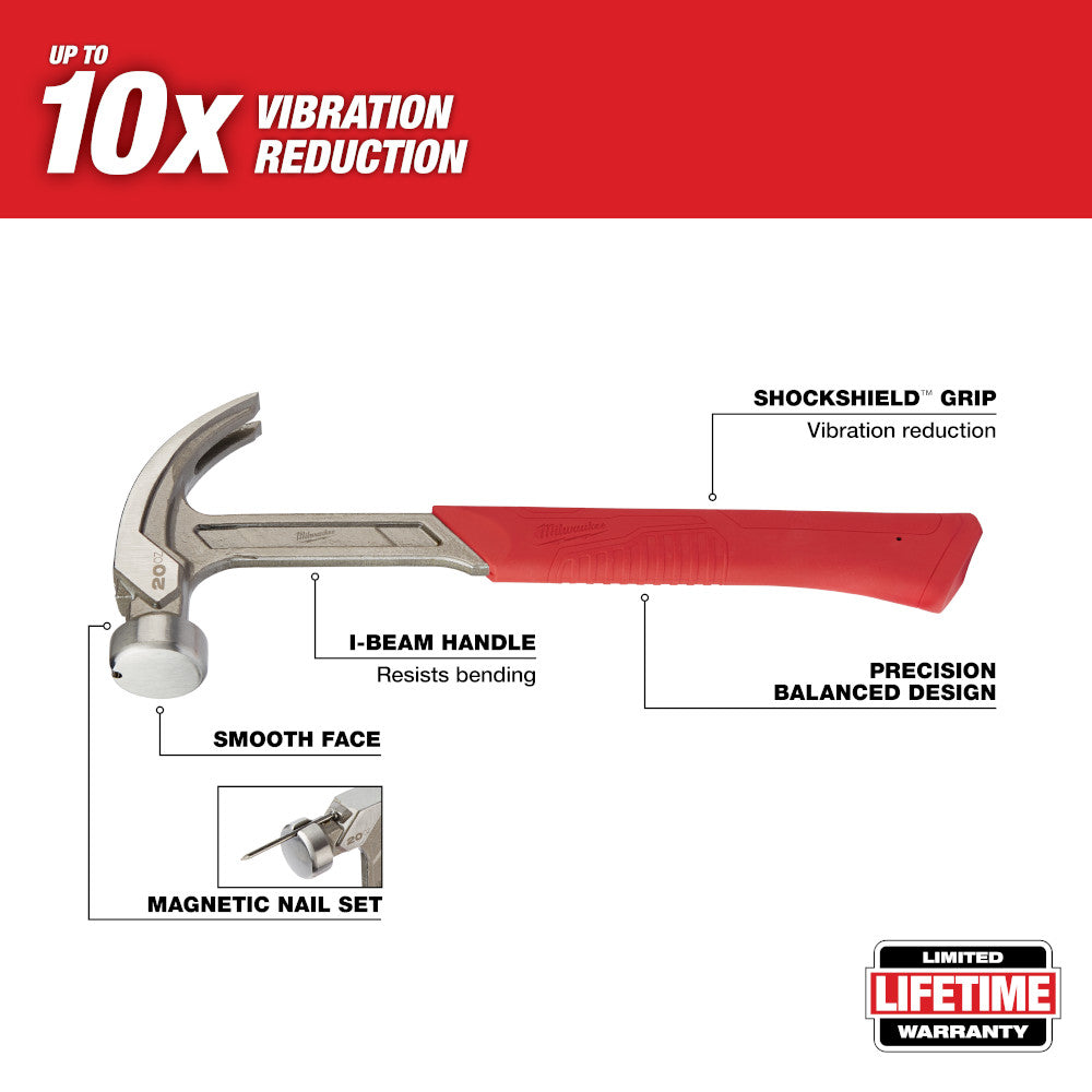 Milwaukee 20 oz curved claw hammer with smooth face, red ShockShield grip handle, and I-beam construction.