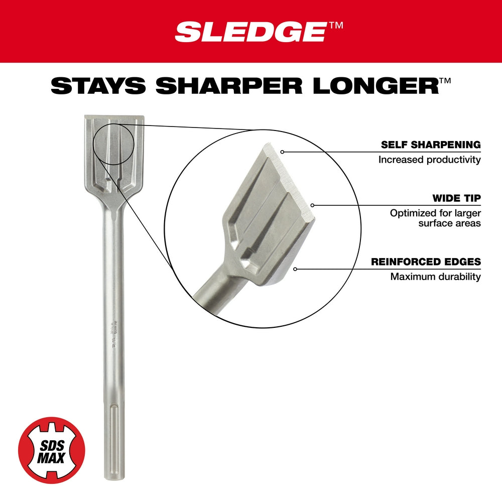 Milwaukee SDS-Max 2 inch wide demolition scraping chisel with flat blade and cylindrical shaft.