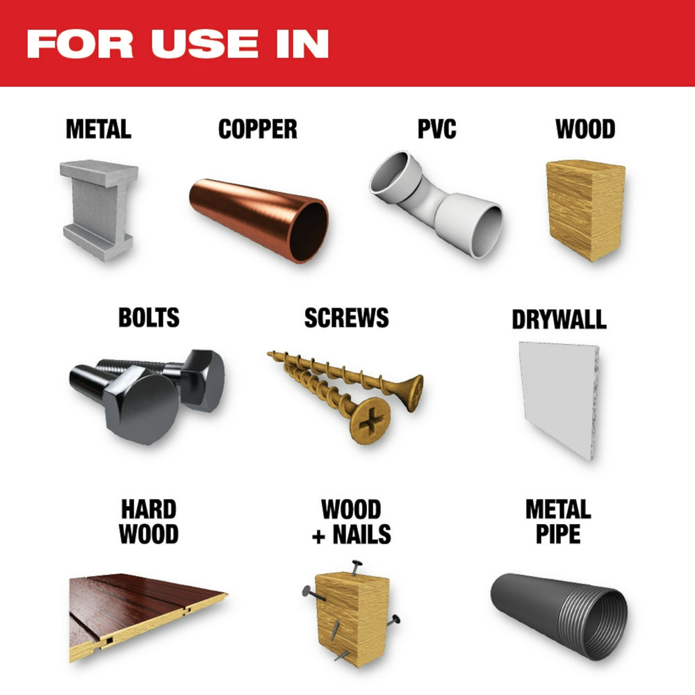 Nine multi-tool blades displayed with labeled applications for metal, copper, PVC, wood, bolts, screws, drywall, hard wood, a