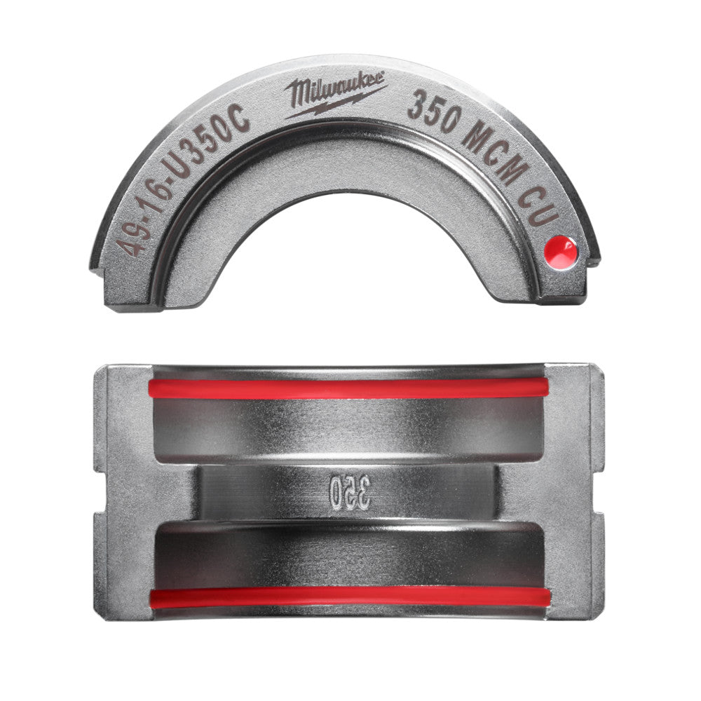 Milwaukee 49-16-U350C 350 MCM copper U-style die with curved top and rectangular base, marked with specifications.