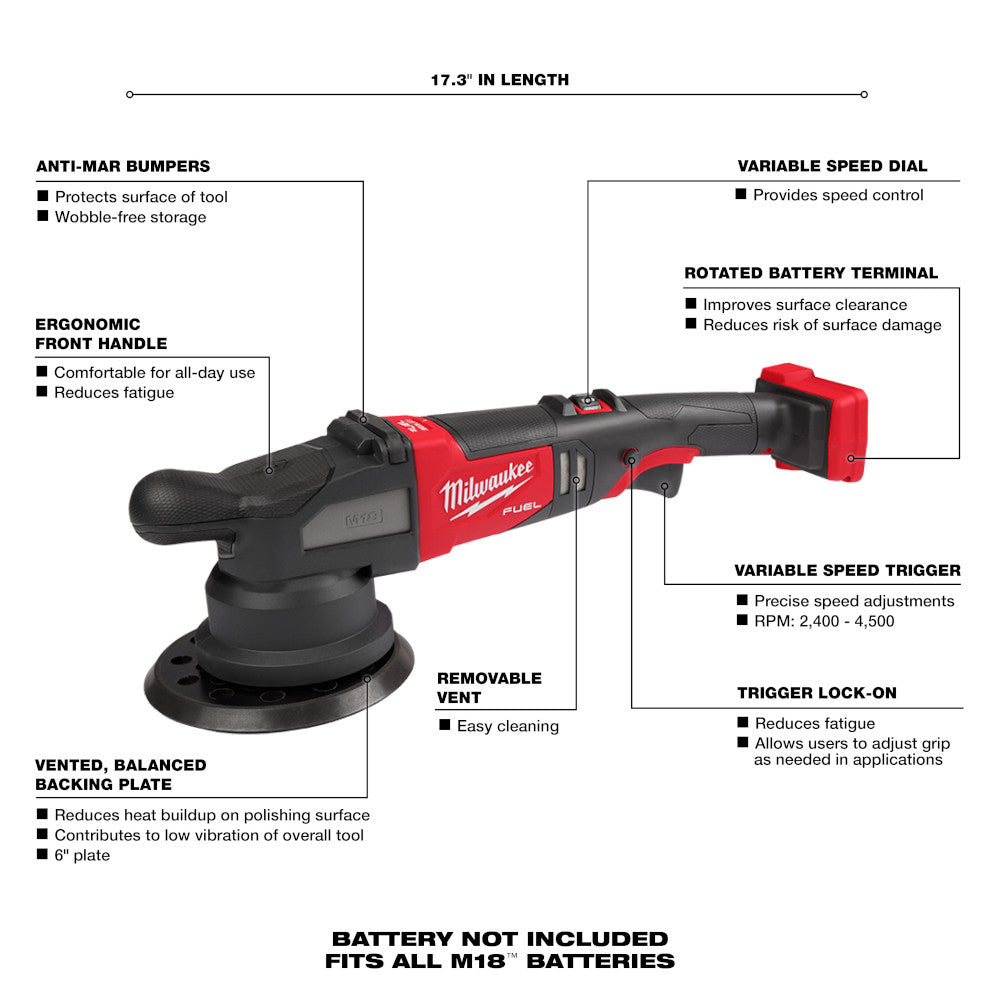 Milwaukee M18 FUEL random orbital polisher with 21mm pad, variable speed trigger, and red battery terminal shown at 17.3 inch
