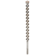 Silver SDS MAX rotary hammer drill bit with spiral flutes and pointed tip on white background.