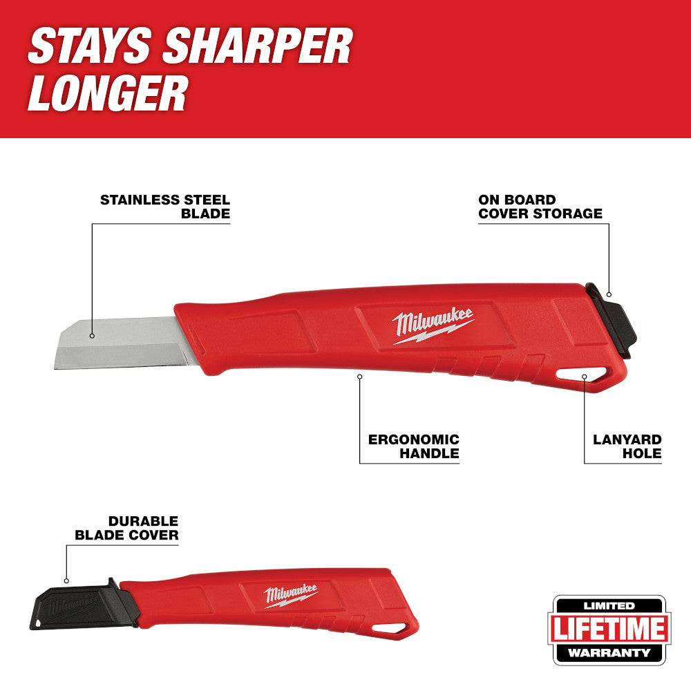 Milwaukee lineman underground knife with red ergonomic handle, stainless steel blade, and black blade cover.