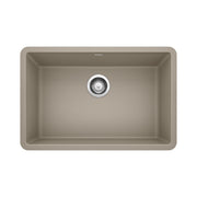 Truffle-colored single bowl undermount sink with chrome drain strainer and rounded corners.