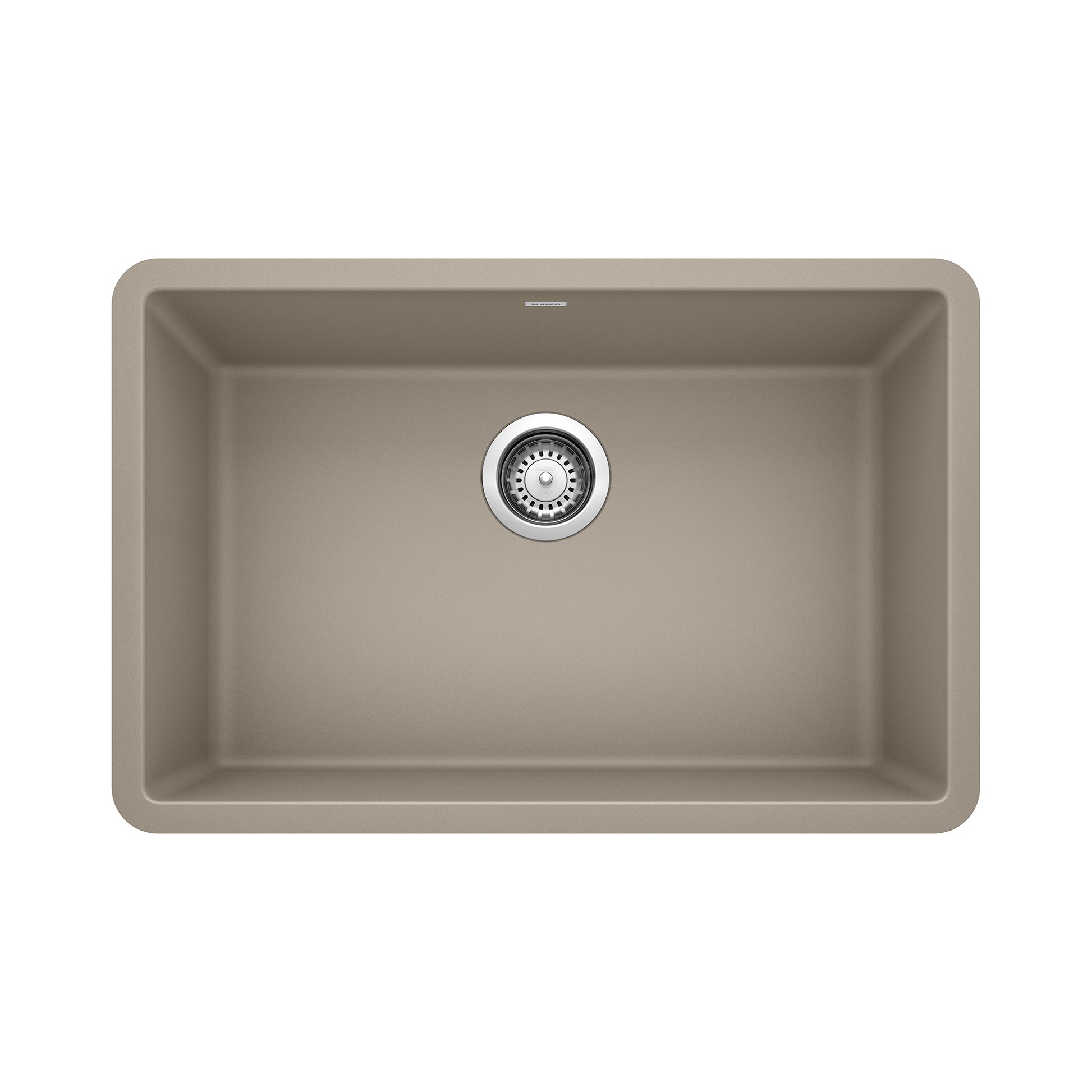 Truffle-colored single bowl undermount sink with chrome drain strainer and rounded corners.