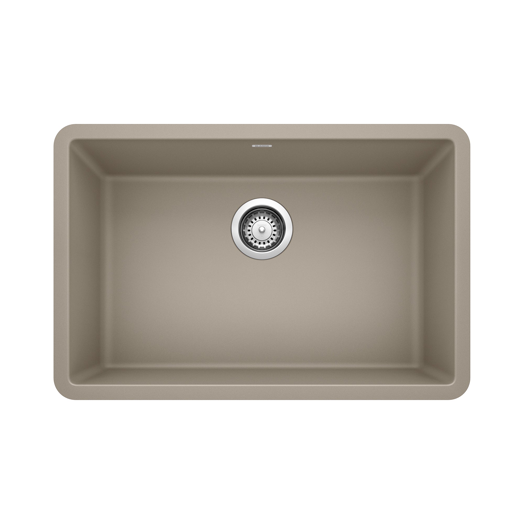 Truffle-colored single bowl undermount sink with chrome drain strainer and rounded corners.