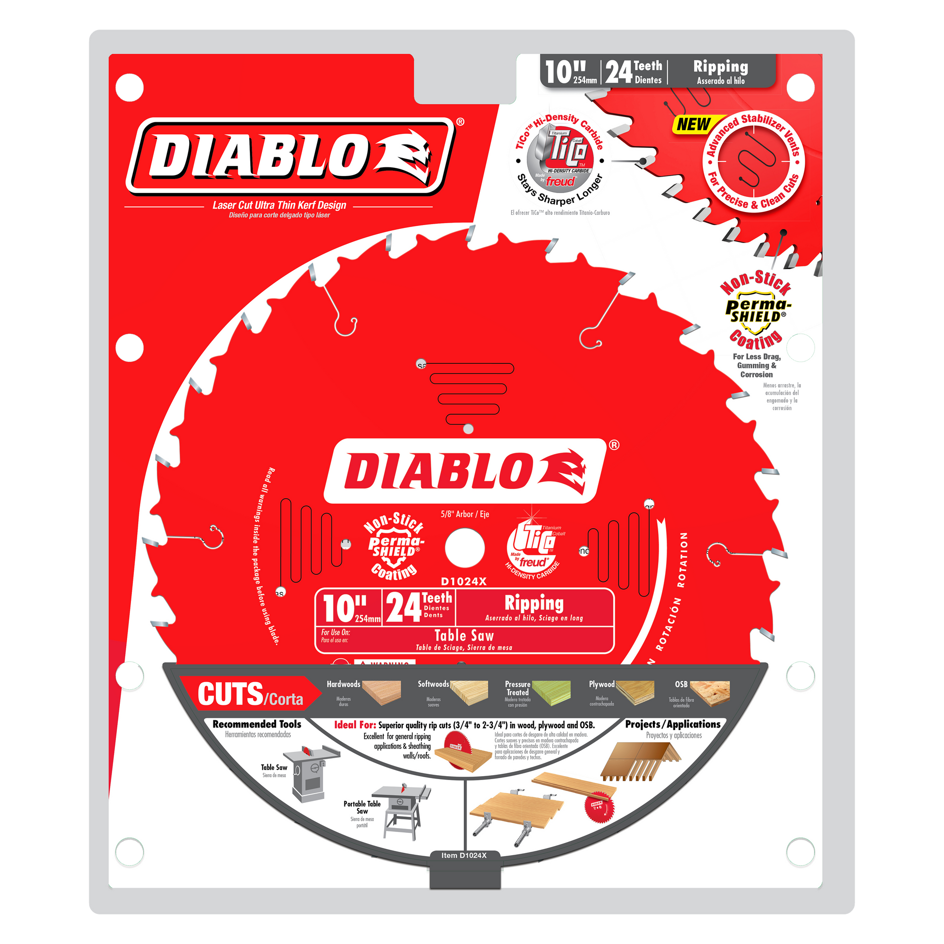 Red and white Diablo circular saw blade with 24 teeth, 10 inch diameter, labeled for ripping applications.