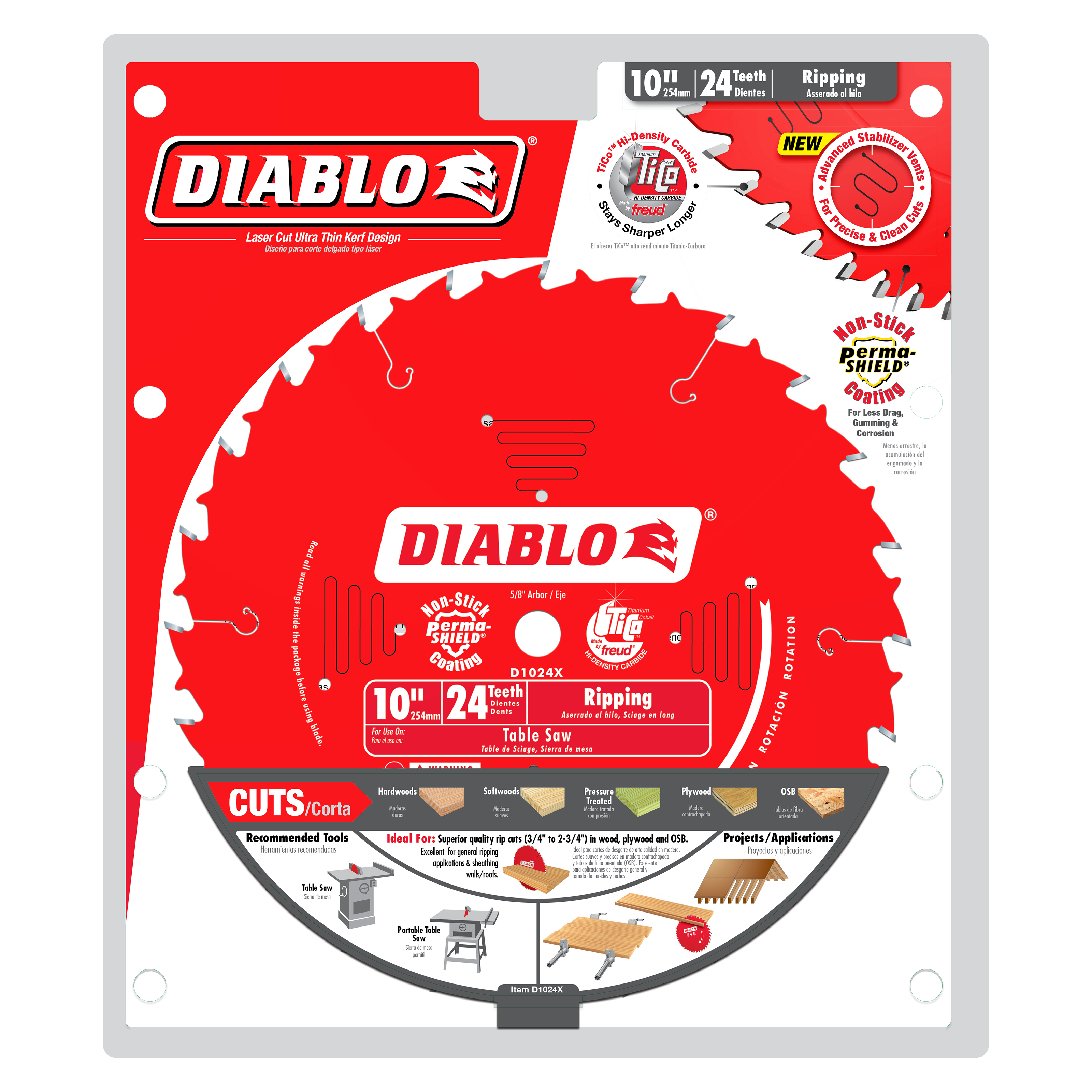 Red and white Diablo circular saw blade with 24 teeth, 10 inch diameter, labeled for ripping applications.