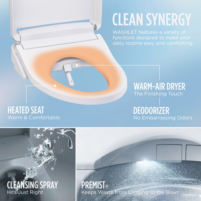 White elongated toilet bowl with attached bidet seat featuring heated seat, warm-air dryer, and cleansing spray functions.