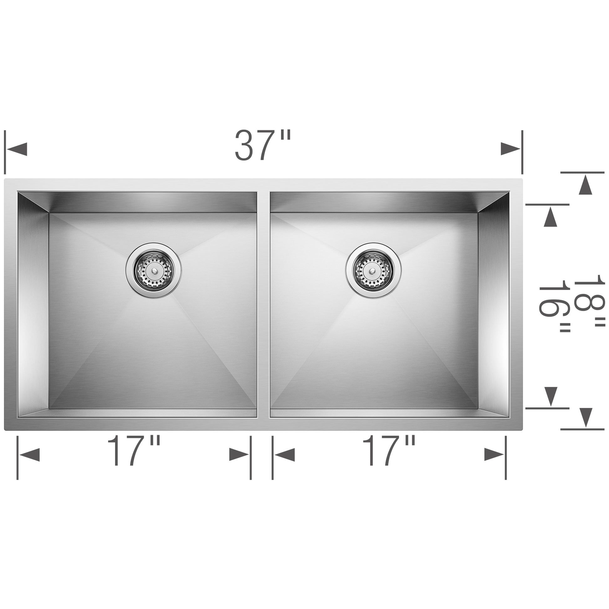 Stainless steel double bowl sink with two equal 17-inch bowls, drain strainers, and 37-inch width.