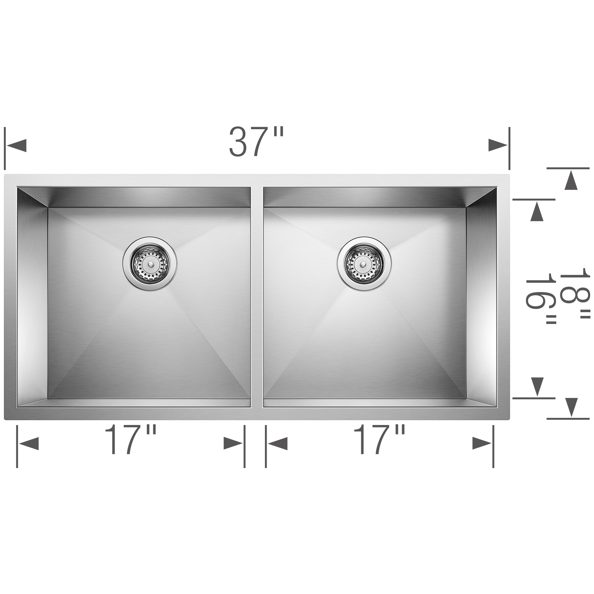 Stainless steel double bowl sink with two equal 17-inch bowls, drain strainers, and 37-inch width.
