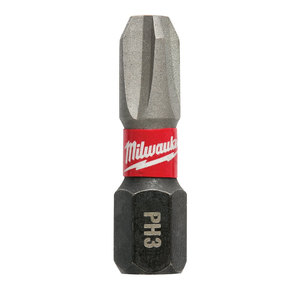 Milwaukee Shockwave Phillips #3 insert bit with gray metal tip and red band on black hexagonal shaft.