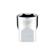 Milwaukee chrome 3/8 inch drive 6-point socket with 11/16 inch opening and black grip bands.