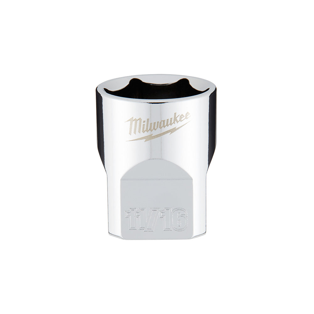 Milwaukee chrome 3/8 inch drive 6-point socket with 11/16 inch opening and black grip bands.