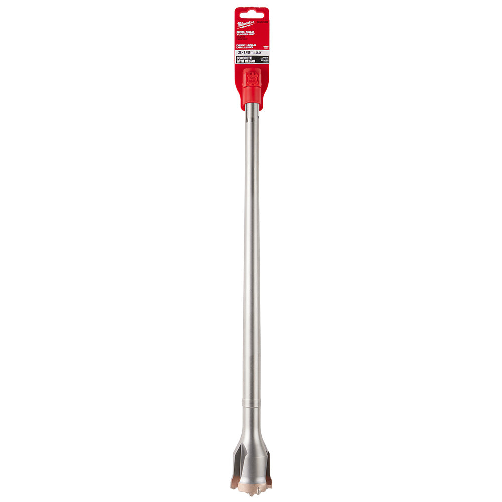Milwaukee SDS-MAX tunnel bit with red packaging at top and metal shaft with carbide cutting head at bottom.