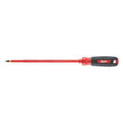 Milwaukee insulated screwdriver with red shaft, black handle, and flat cabinet tip.
