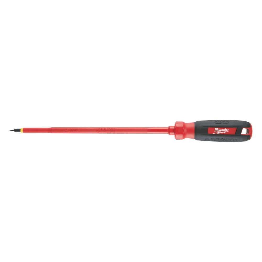 Milwaukee insulated screwdriver with red shaft, black handle, and flat cabinet tip.