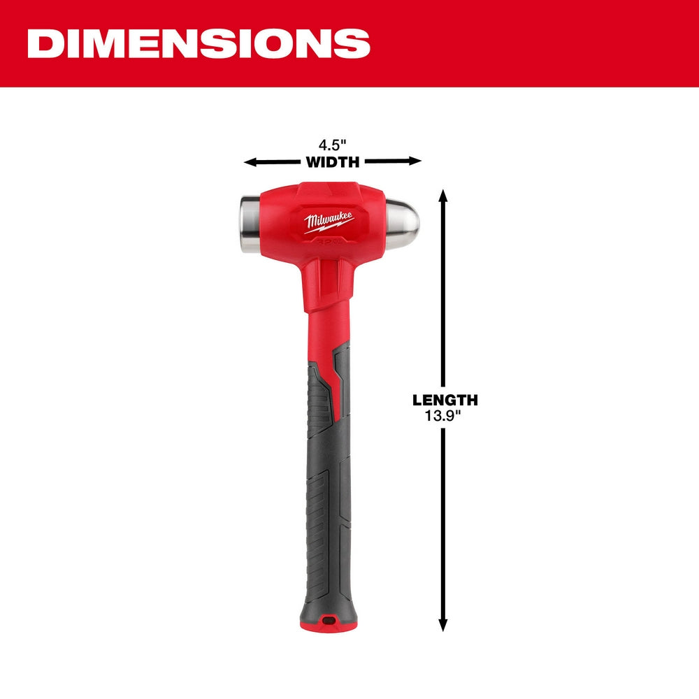 Red and gray Milwaukee dead blow hammer with 4.5" wide head and 13.9" total length, shown with dimension markers.