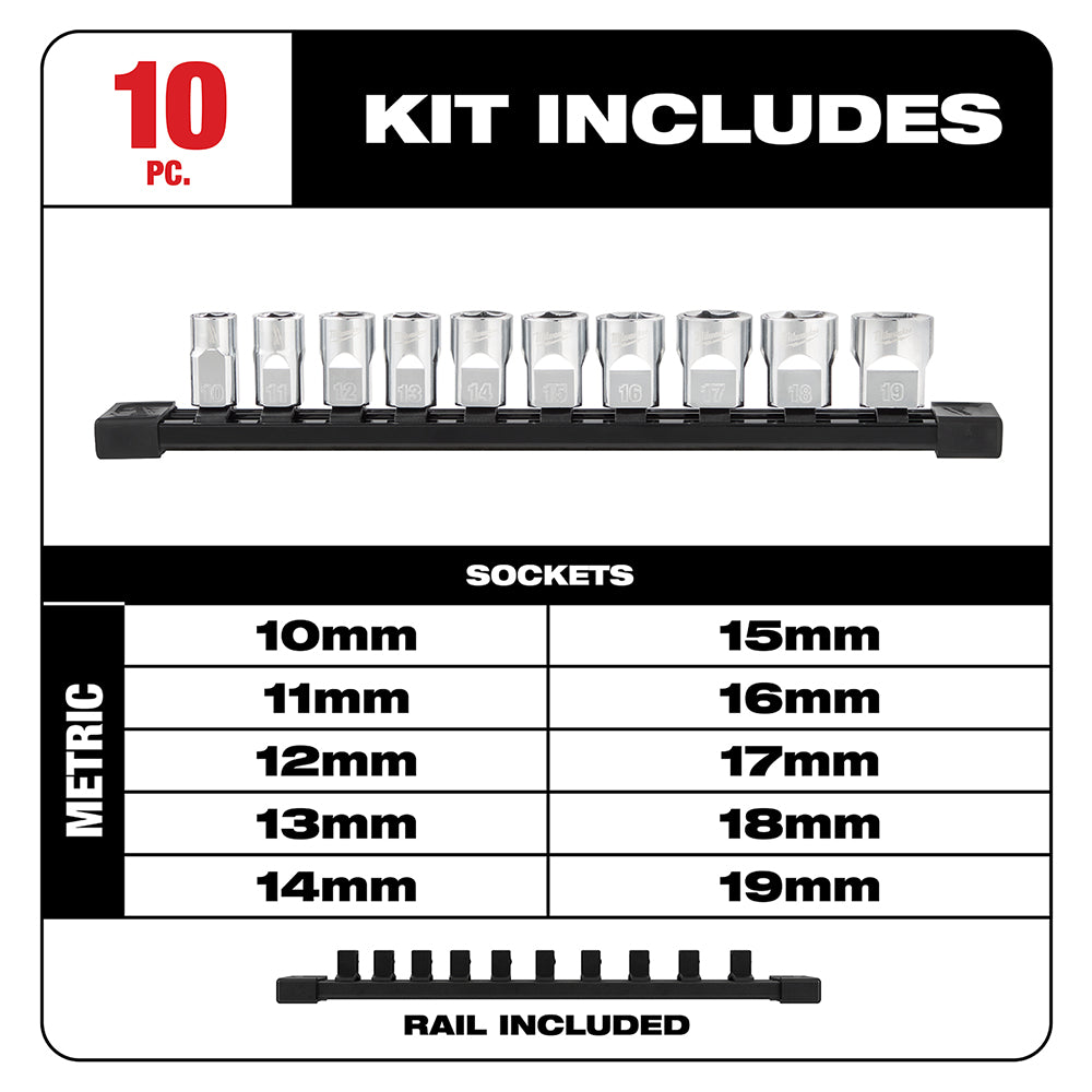 Ten metric socket set with sizes from 10mm to 19mm, organized on black rail, with four-flat design sides.