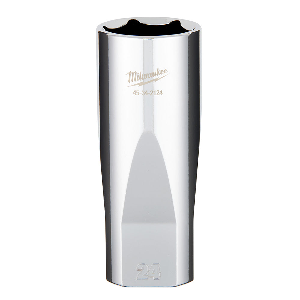 Polished metal deep socket with Milwaukee branding and model number, hexagonal opening at top, 24mm size marked on side.