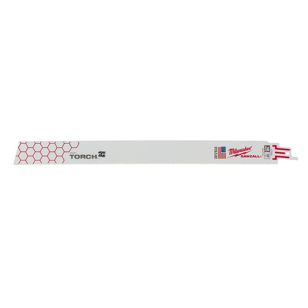 Milwaukee THE TORCH 12-inch reciprocating saw blade with serrated teeth and red honeycomb pattern on handle.