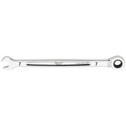 Silver 7mm ratcheting combination wrench with open wrench end on left and ratchet head on right, marked with model number and