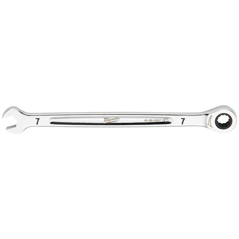 Silver 7mm ratcheting combination wrench with open wrench end on left and ratchet head on right, marked with model number and